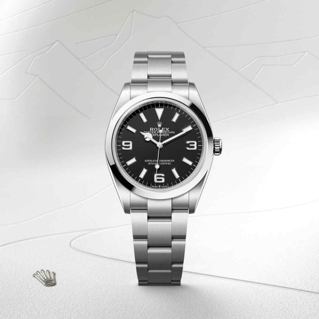 Rolex Explorer 36 in Oystersteel with a black dial, smooth bezel, and Oyster bracelet.