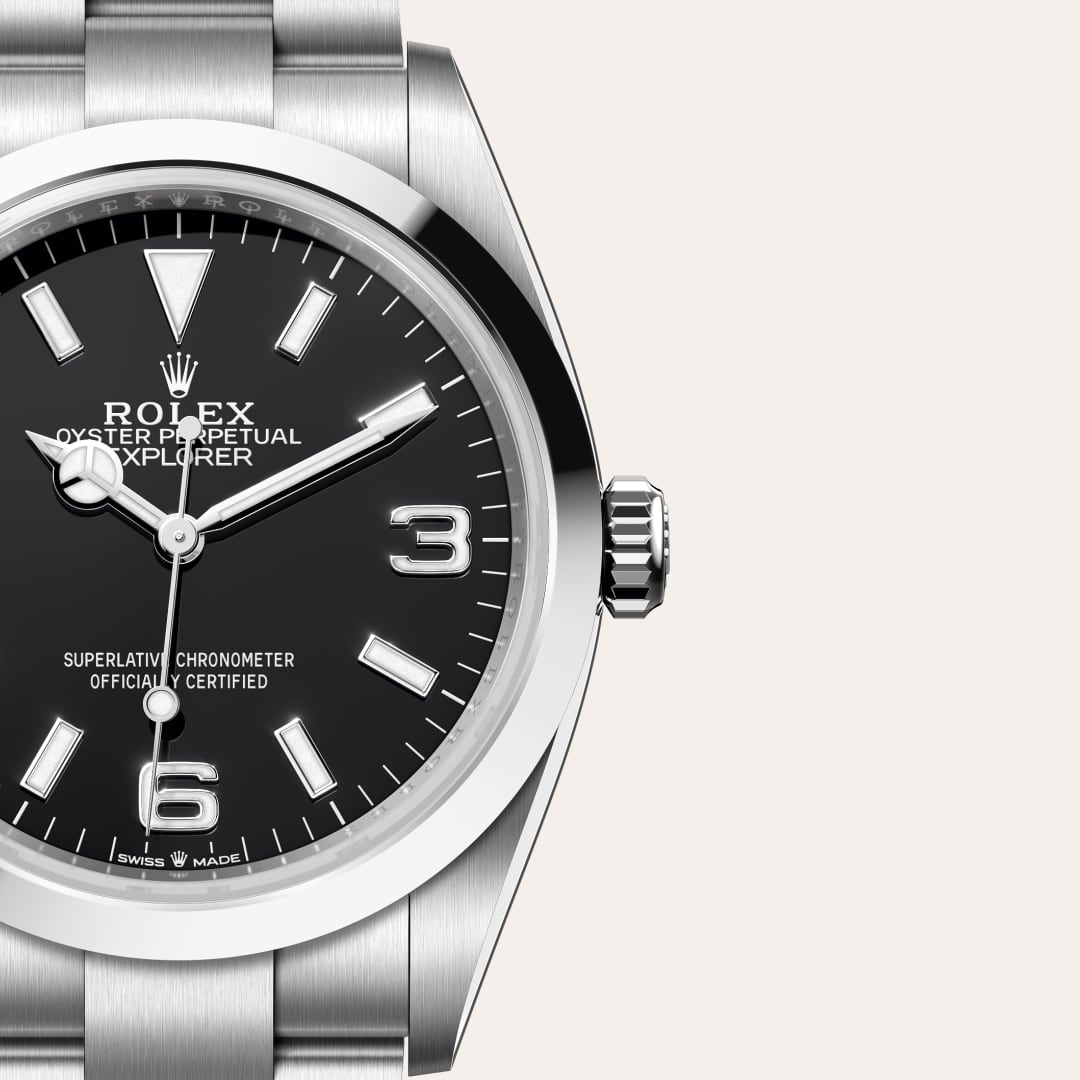 Rolex Explorer 36 in Oystersteel with a black dial, smooth bezel, and Oyster bracelet.