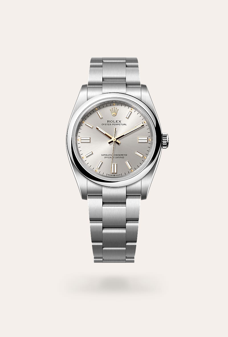 Rolex Oyster Perpetual 36 in Oystersteel with a silver dial, domed bezel, and Oyster bracelet.