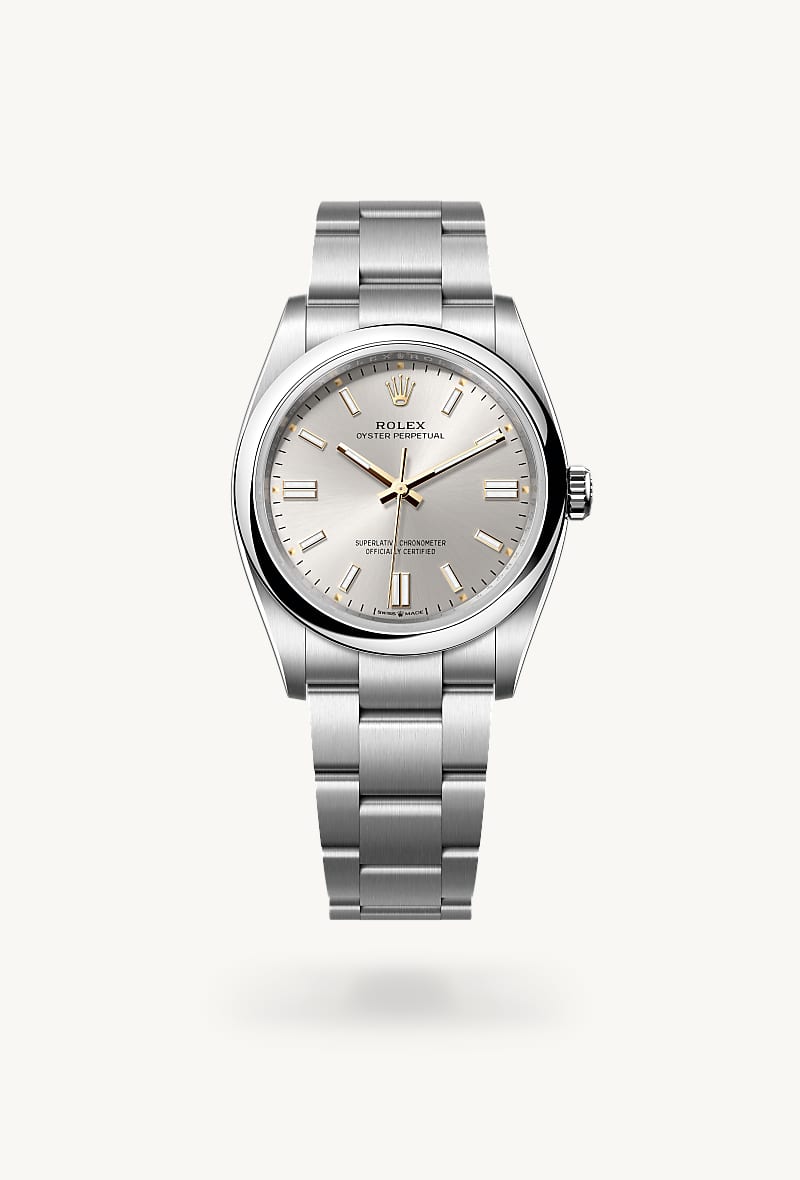 Rolex Oyster Perpetual 36 in Oystersteel with a silver dial, domed bezel, and Oyster bracelet.