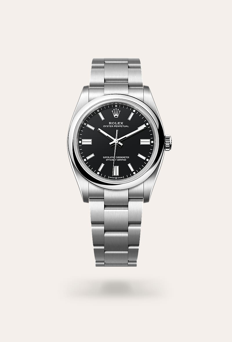 Rolex Oyster Perpetual 36 in Oystersteel with a black dial, domed bezel, and Oyster bracelet.
