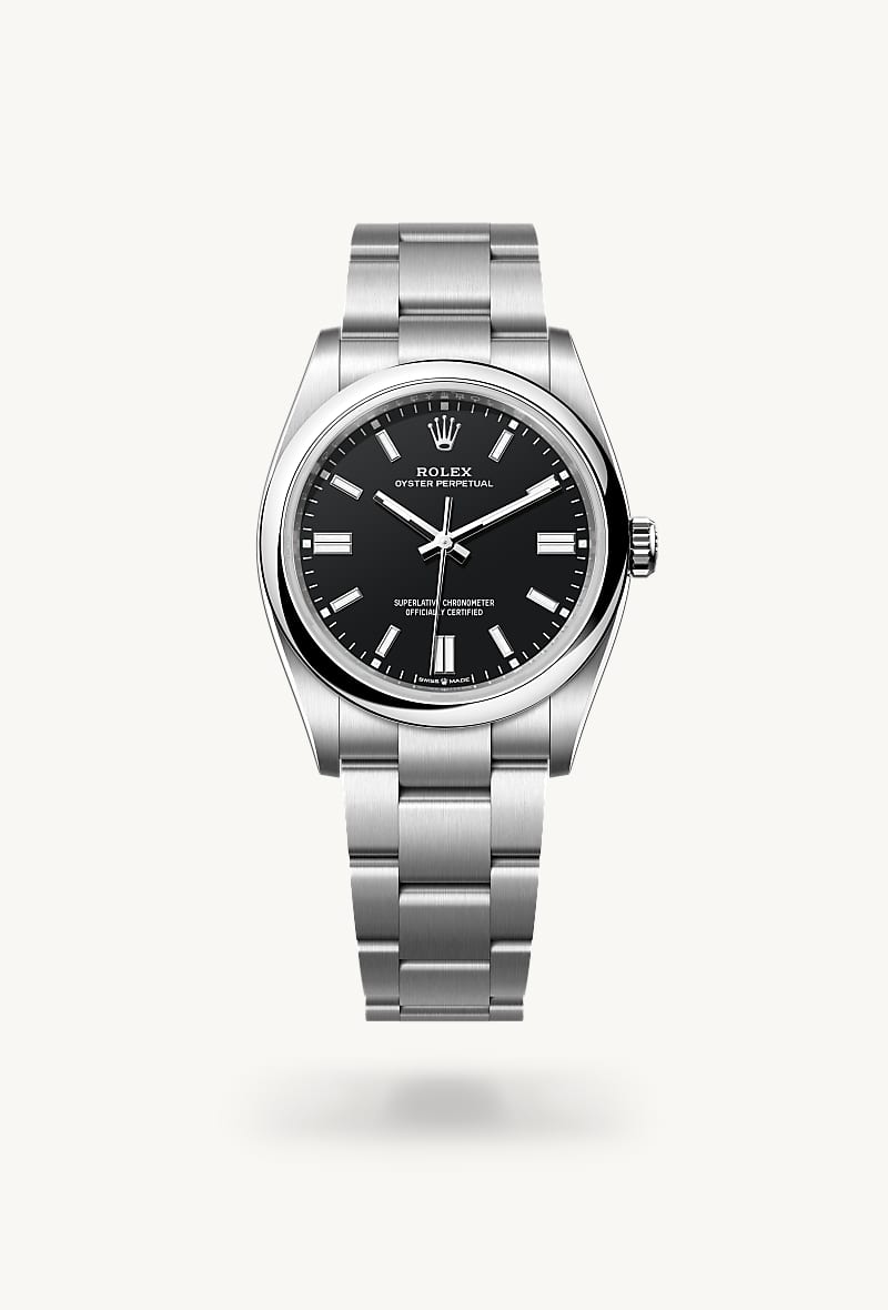 Rolex Oyster Perpetual 36 in Oystersteel with a black dial, domed bezel, and Oyster bracelet.