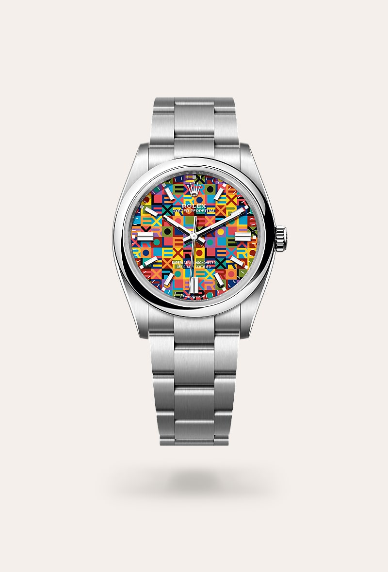 Rolex Oyster Perpetual 36 in Oystersteel with a multicoloured, jubilee motif dial, domed bezel, and Oyster bracelet.