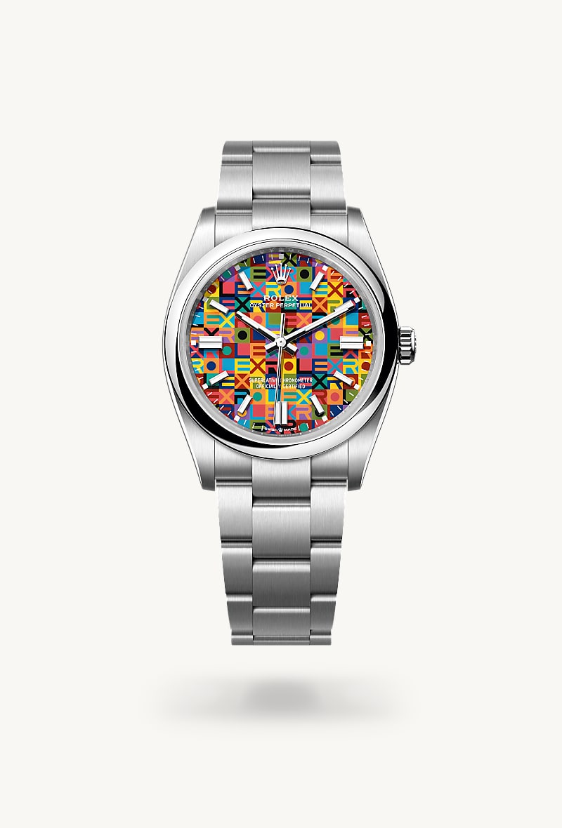 Rolex Oyster Perpetual 36 in Oystersteel with a multicoloured, jubilee motif dial, domed bezel, and Oyster bracelet.