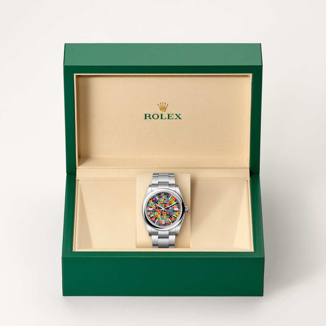 Rolex Oyster Perpetual 36 in Oystersteel with a multicoloured, jubilee motif dial, domed bezel, and Oyster bracelet.