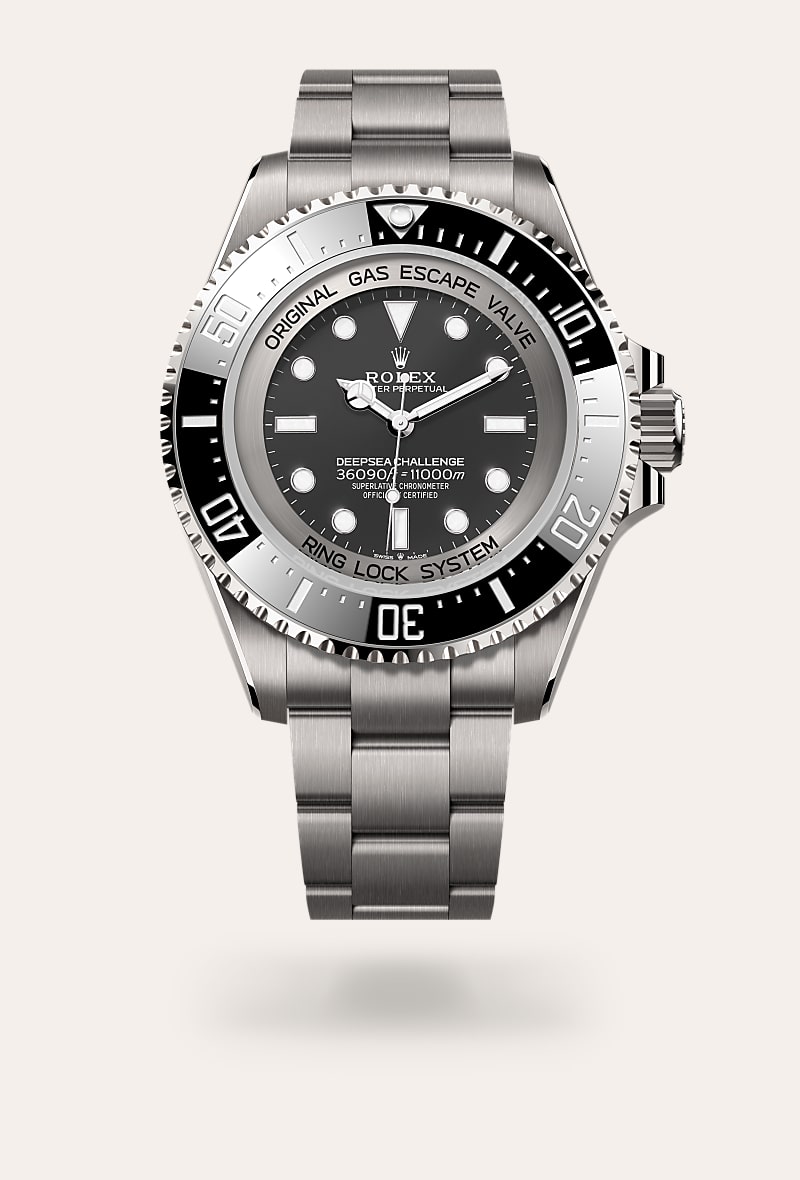 Rolex Deepsea Challenge in RLX titanium with a intense black dial, unidirectional rotatable 60-minute graduated, scratch-resistant cerachrom insert in ceramic, numerals and graduations coated in platinum bezel, and Oyster bracelet.