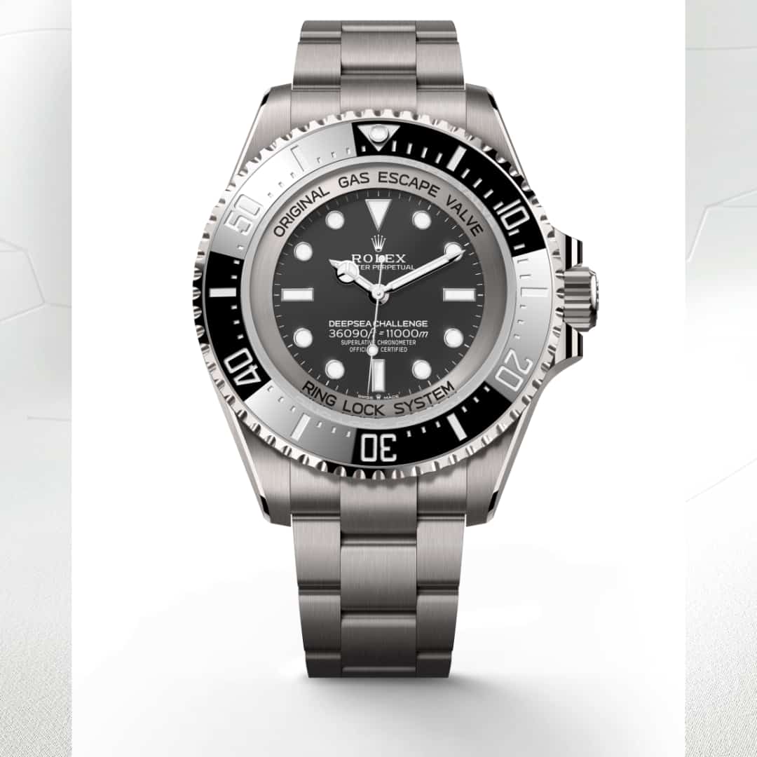 Rolex Deepsea Challenge in RLX titanium with a intense black dial, unidirectional rotatable 60-minute graduated, scratch-resistant cerachrom insert in ceramic, numerals and graduations coated in platinum bezel, and Oyster bracelet.