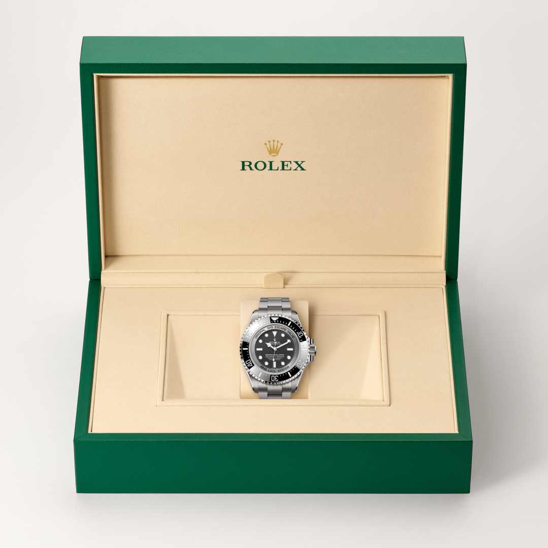 Rolex Deepsea Challenge in RLX titanium with a intense black dial, unidirectional rotatable 60-minute graduated, scratch-resistant cerachrom insert in ceramic, numerals and graduations coated in platinum bezel, and Oyster bracelet.