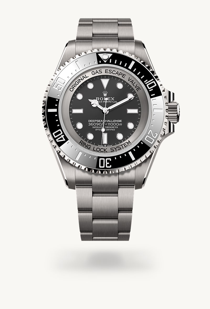Rolex Deepsea Challenge in RLX titanium with a intense black dial, unidirectional rotatable 60-minute graduated, scratch-resistant cerachrom insert in ceramic, numerals and graduations coated in platinum bezel, and Oyster bracelet.