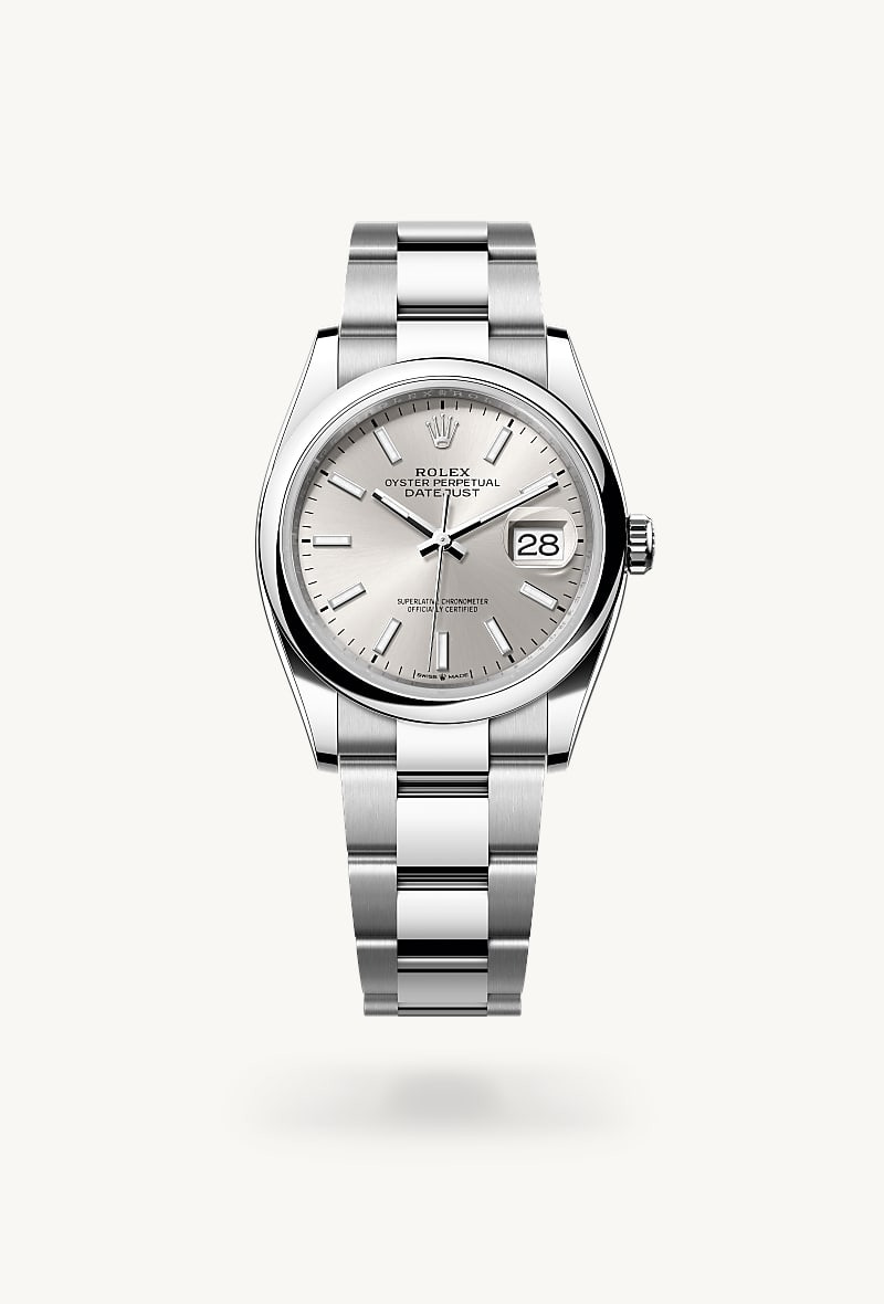Rolex Datejust 36 in Oystersteel with a silver dial, domed bezel, and Oyster bracelet.