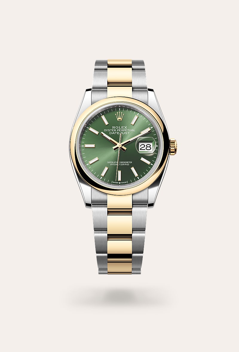 Rolex Datejust 36 in Yellow Rolesor with a olive green dial, domed bezel, and Oyster bracelet.
