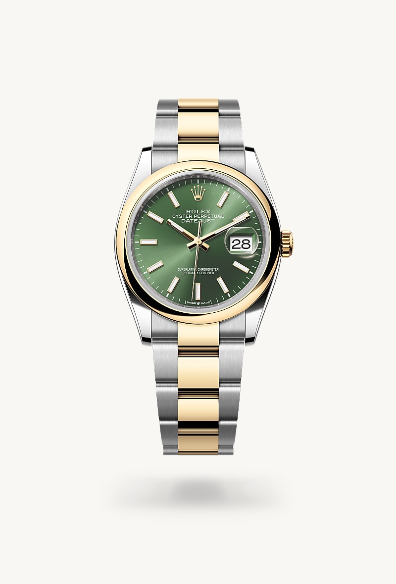 Rolex Datejust 36 in Yellow Rolesor with a olive green dial, domed bezel, and Oyster bracelet.