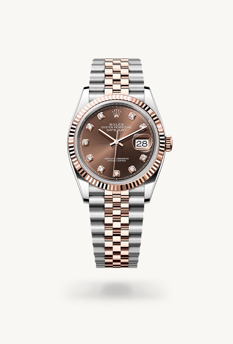 Rolex Datejust 36 in Everose Rolesor with a chocolate set with diamonds dial, fluted bezel, and Jubilee bracelet.