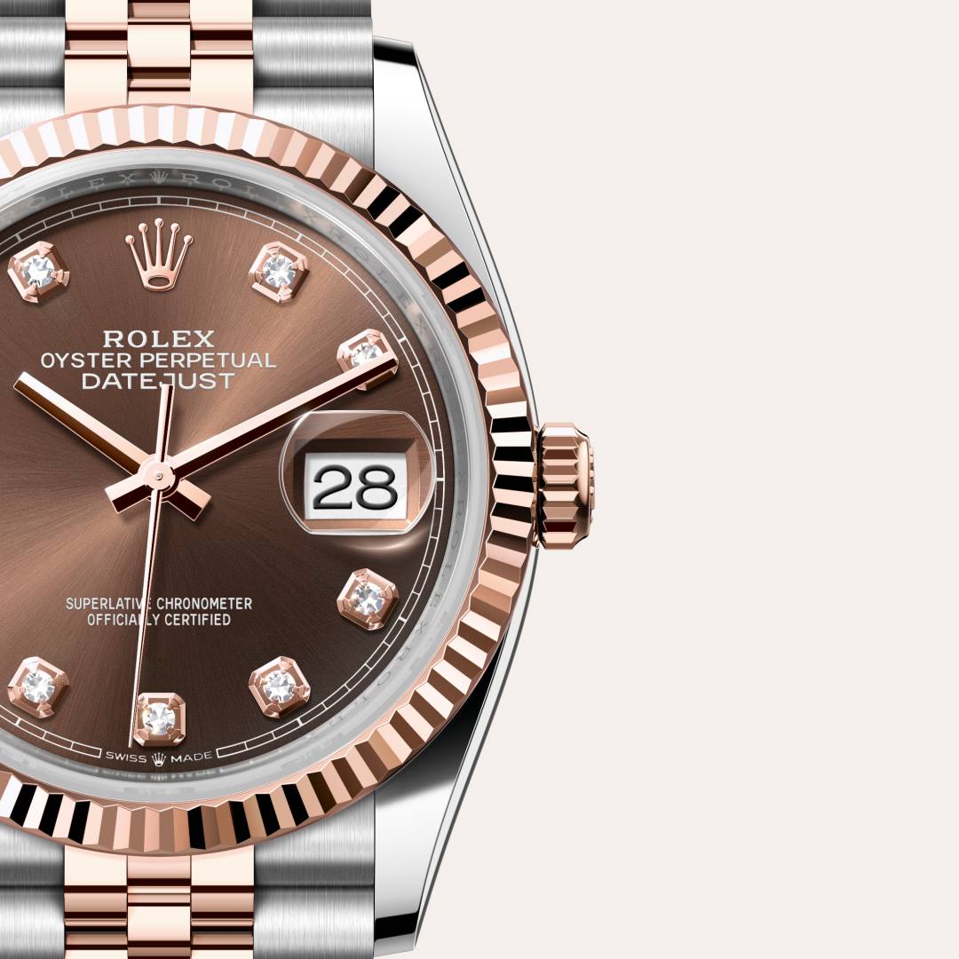 Rolex Datejust 36 in Everose Rolesor with a chocolate set with diamonds dial, fluted bezel, and Jubilee bracelet.