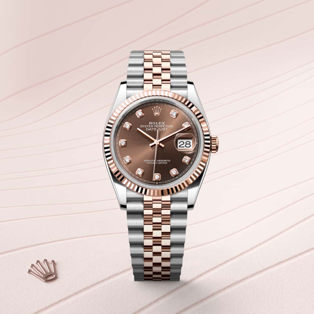 Rolex Datejust 36 in Everose Rolesor with a chocolate set with diamonds dial, fluted bezel, and Jubilee bracelet.