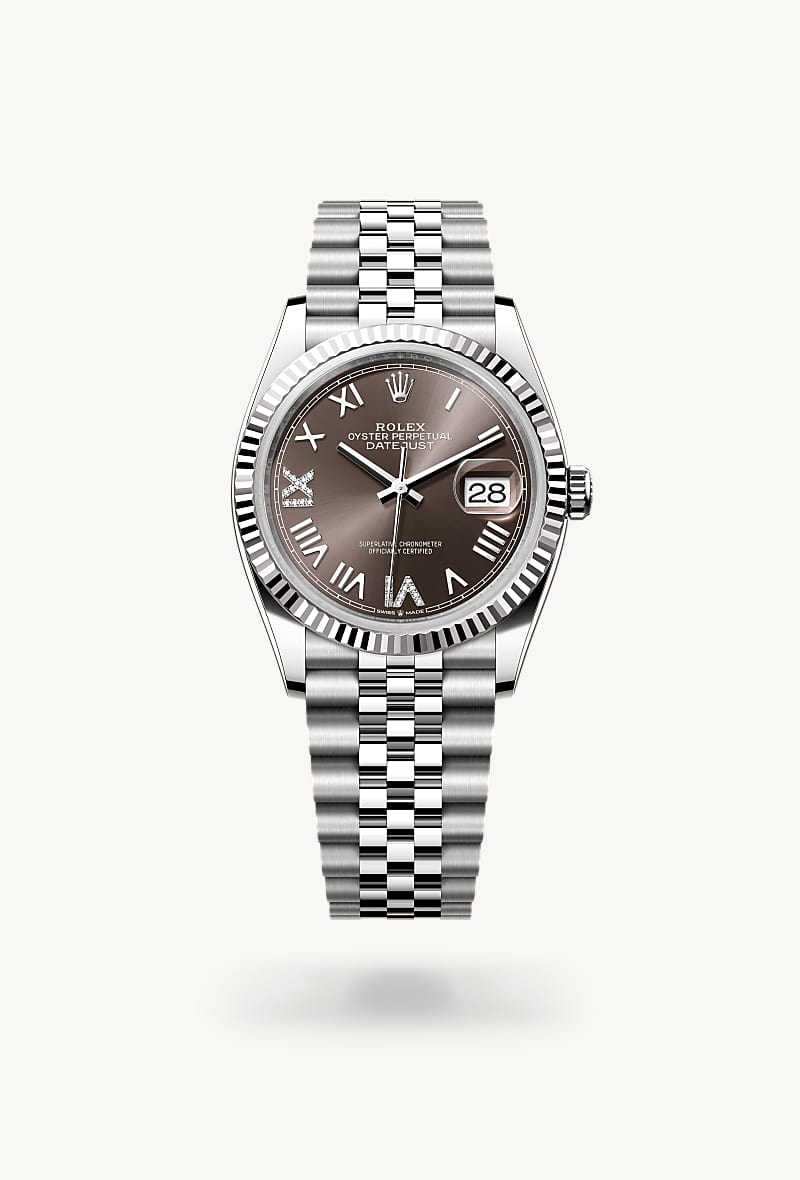 Rolex Datejust 36 in White Rolesor with a dark grey set with diamonds dial, fluted bezel, and Jubilee bracelet.