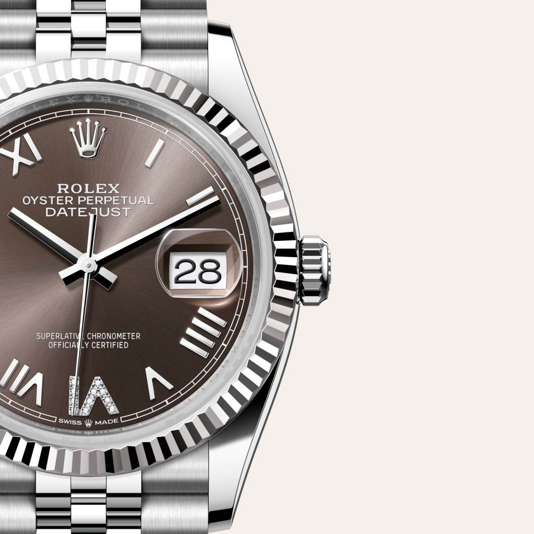 Rolex Datejust 36 in White Rolesor with a dark grey set with diamonds dial, fluted bezel, and Jubilee bracelet.