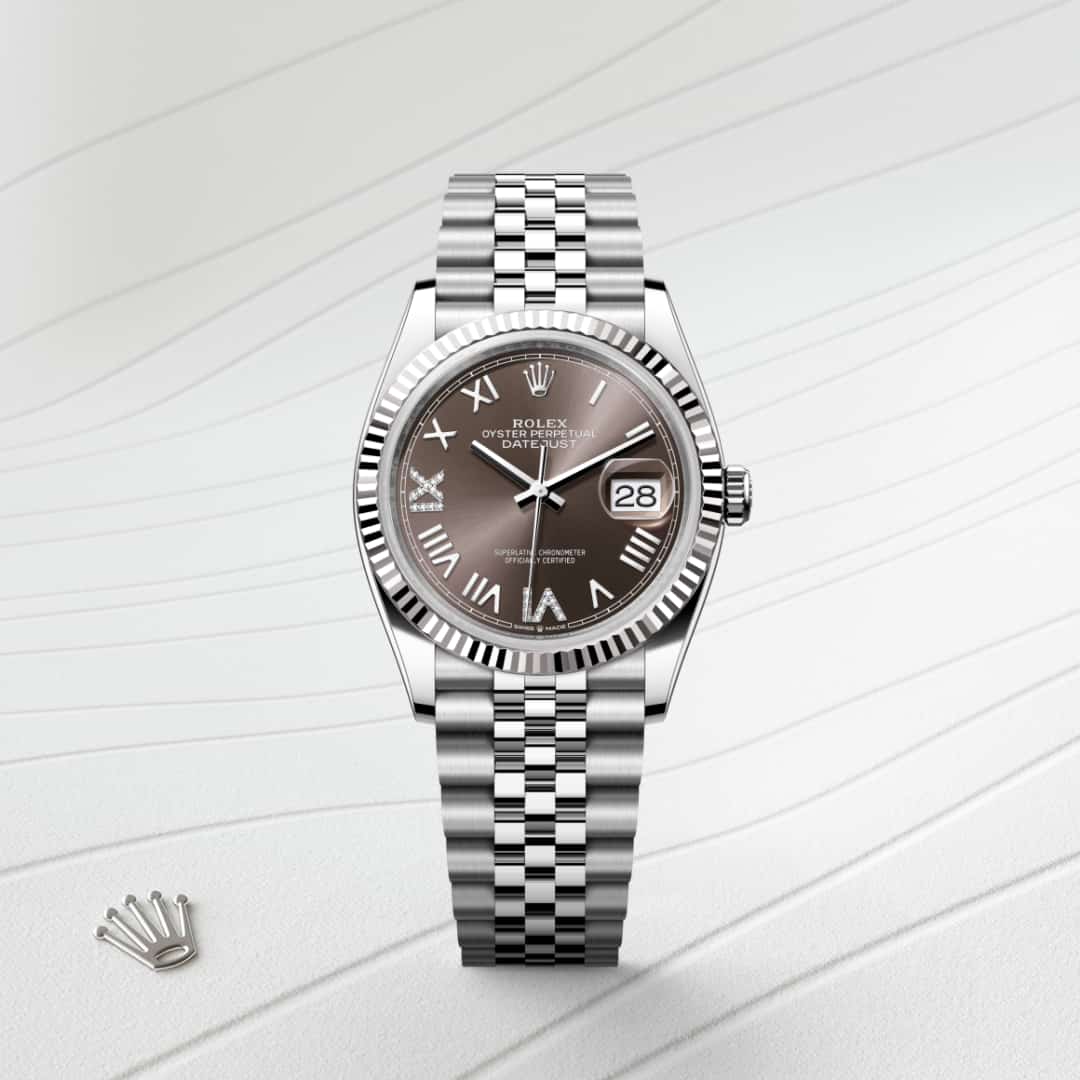 Rolex Datejust 36 in White Rolesor with a dark grey set with diamonds dial, fluted bezel, and Jubilee bracelet.