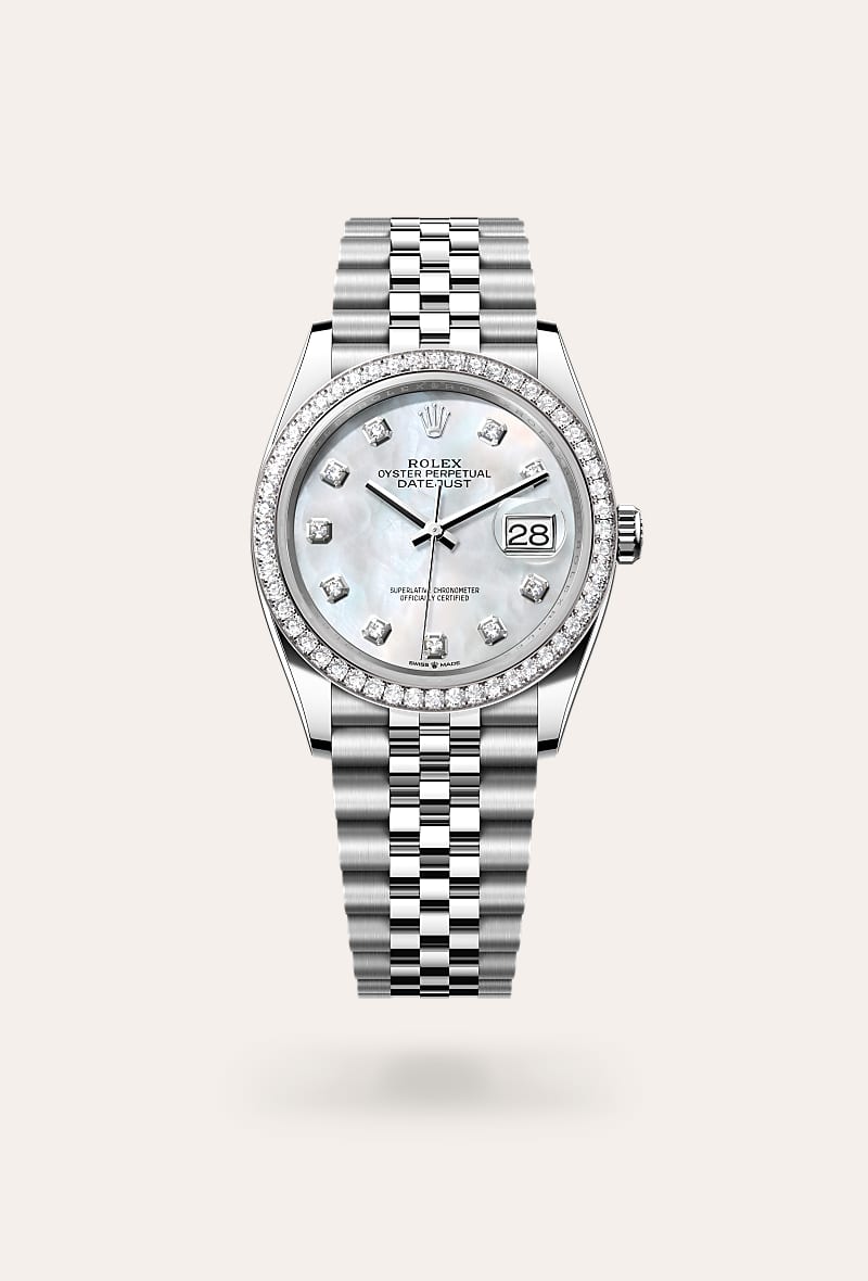 Rolex Datejust 36 in White Rolesor with a white mother-of-pearl set with diamonds dial, set with diamonds bezel, and Jubilee bracelet.