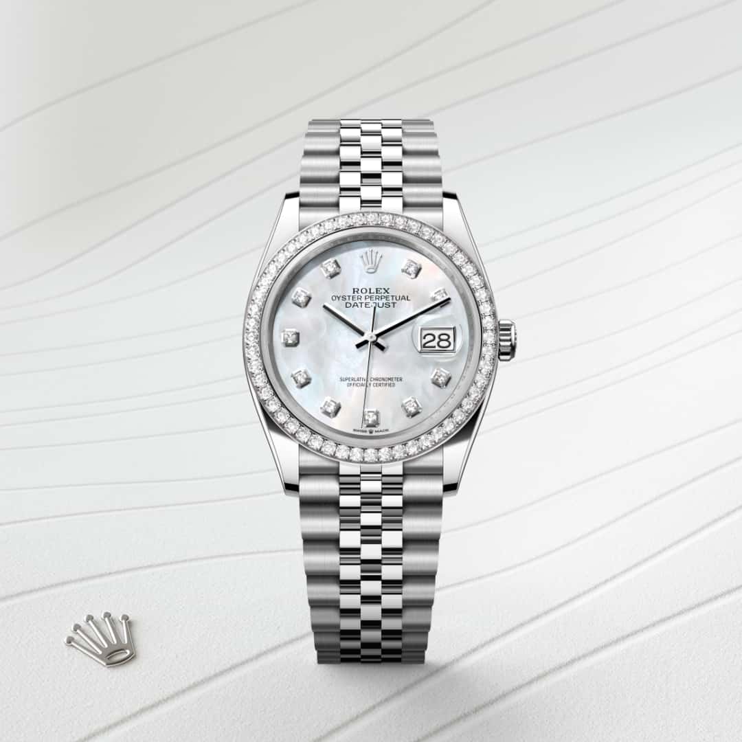 Rolex Datejust 36 in White Rolesor with a white mother-of-pearl set with diamonds dial, set with diamonds bezel, and Jubilee bracelet.