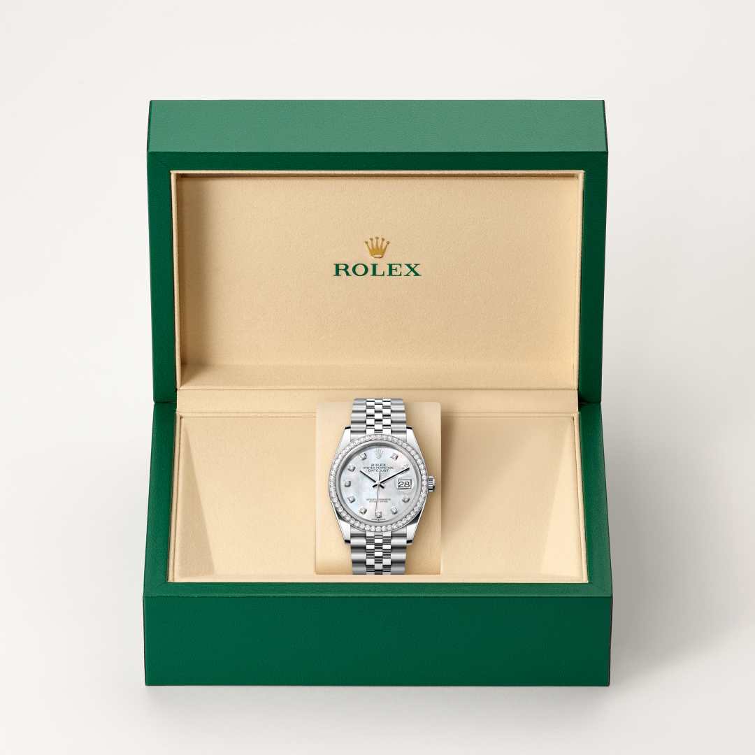 Rolex Datejust 36 in White Rolesor with a white mother-of-pearl set with diamonds dial, set with diamonds bezel, and Jubilee bracelet.