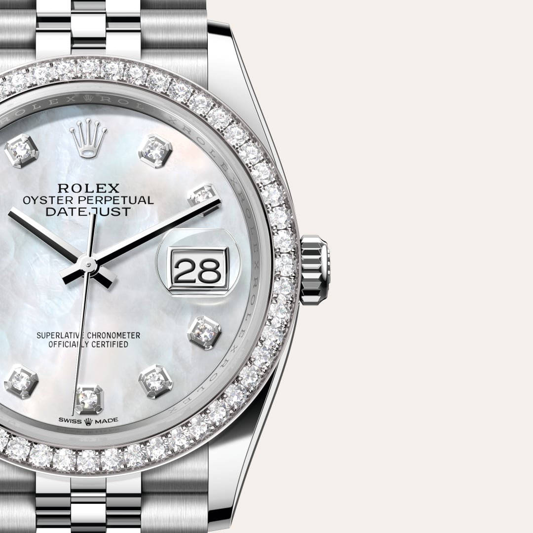 Rolex Datejust 36 in White Rolesor with a white mother-of-pearl set with diamonds dial, set with diamonds bezel, and Jubilee bracelet.