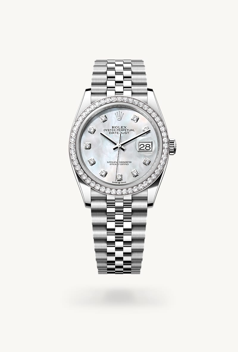 Rolex Datejust 36 in White Rolesor with a white mother-of-pearl set with diamonds dial, set with diamonds bezel, and Jubilee bracelet.