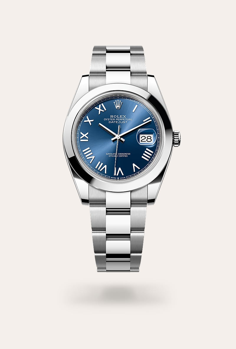 Rolex Datejust 41 in Oystersteel with a bright blue dial, smooth bezel, and Oyster bracelet.