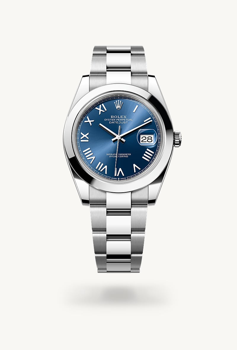 Rolex Datejust 41 in Oystersteel with a bright blue dial, smooth bezel, and Oyster bracelet.