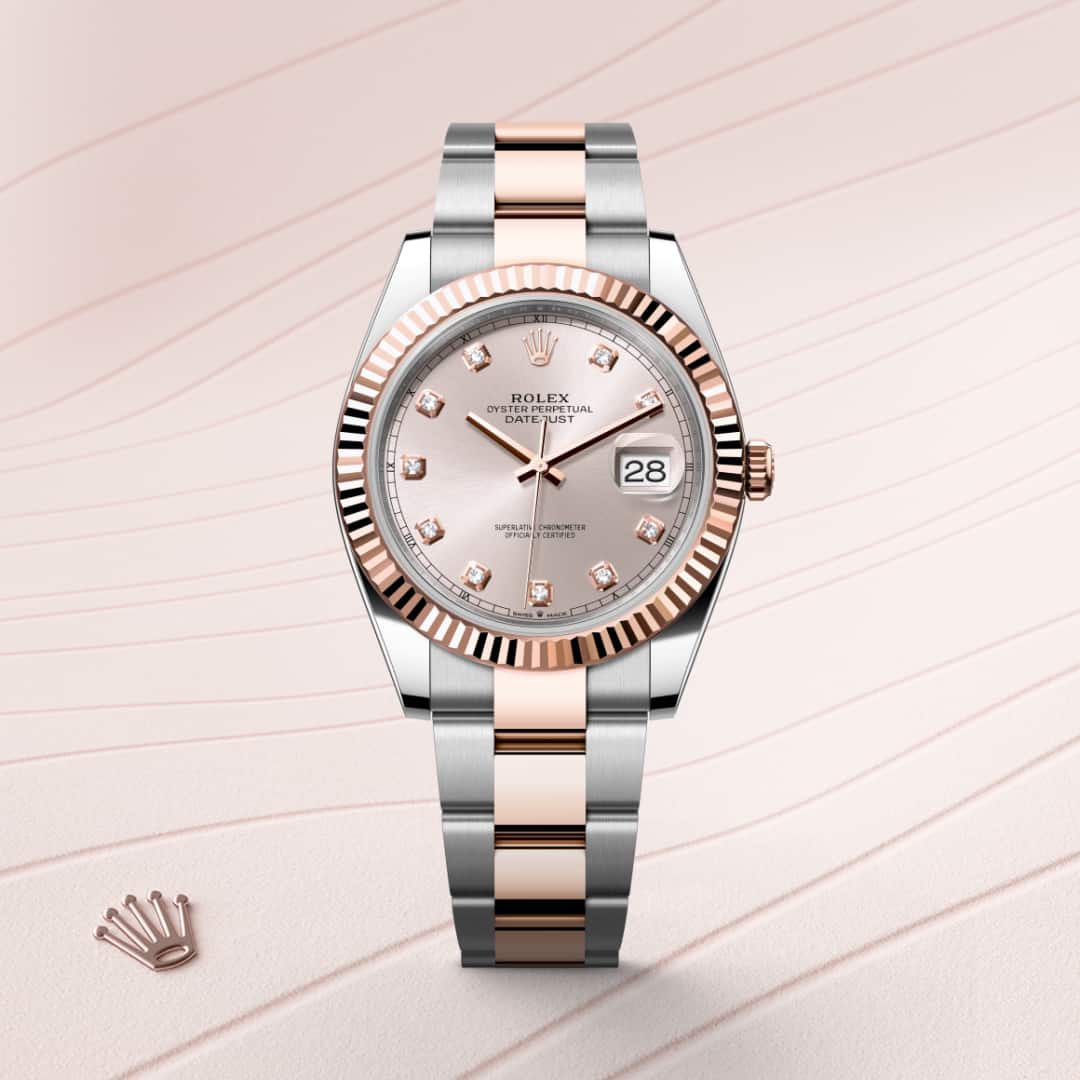 Rolex Datejust 41 in Everose Rolesor with a sundust set with diamonds dial, fluted bezel, and Oyster bracelet.