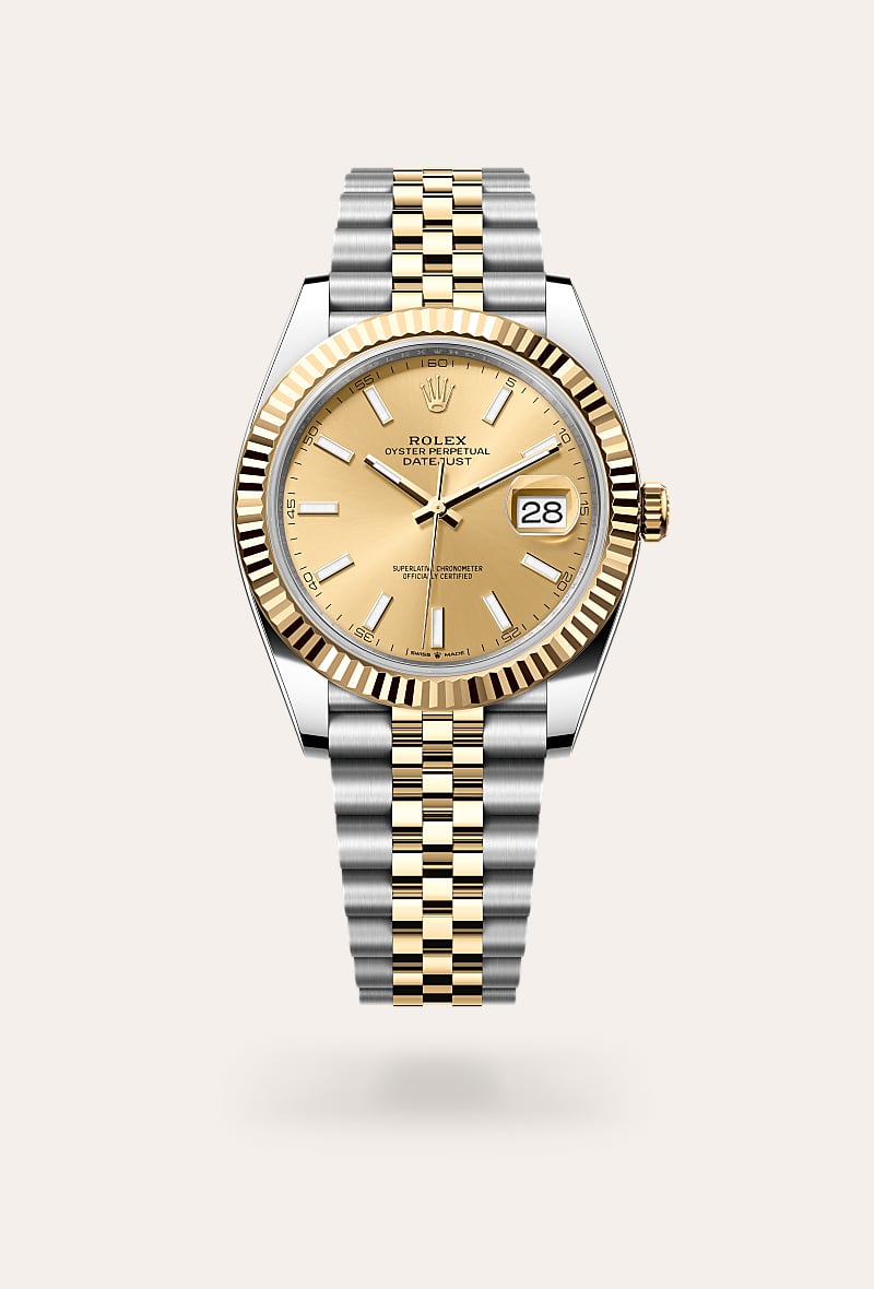 Rolex Datejust 41 in Yellow Rolesor with a champagne-colour dial, fluted bezel, and Jubilee bracelet.