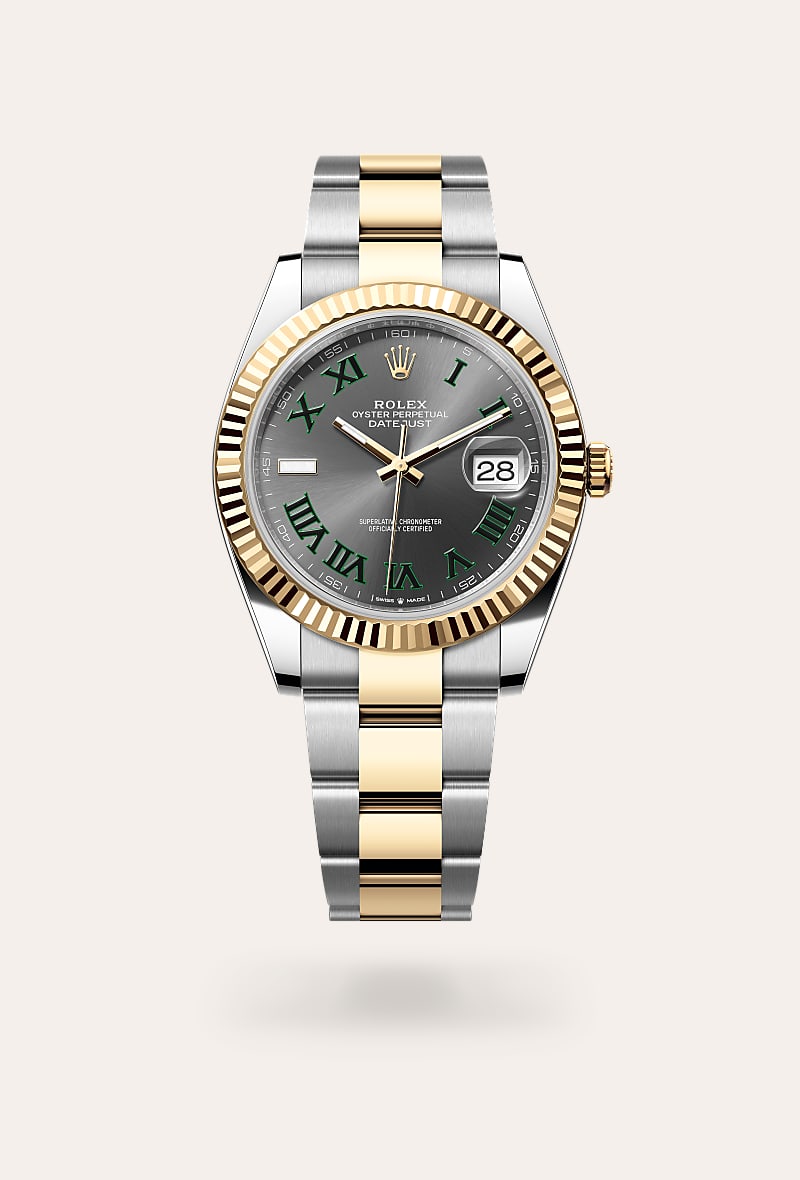 Rolex Datejust 41 in Yellow Rolesor with a slate dial, fluted bezel, and Oyster bracelet.