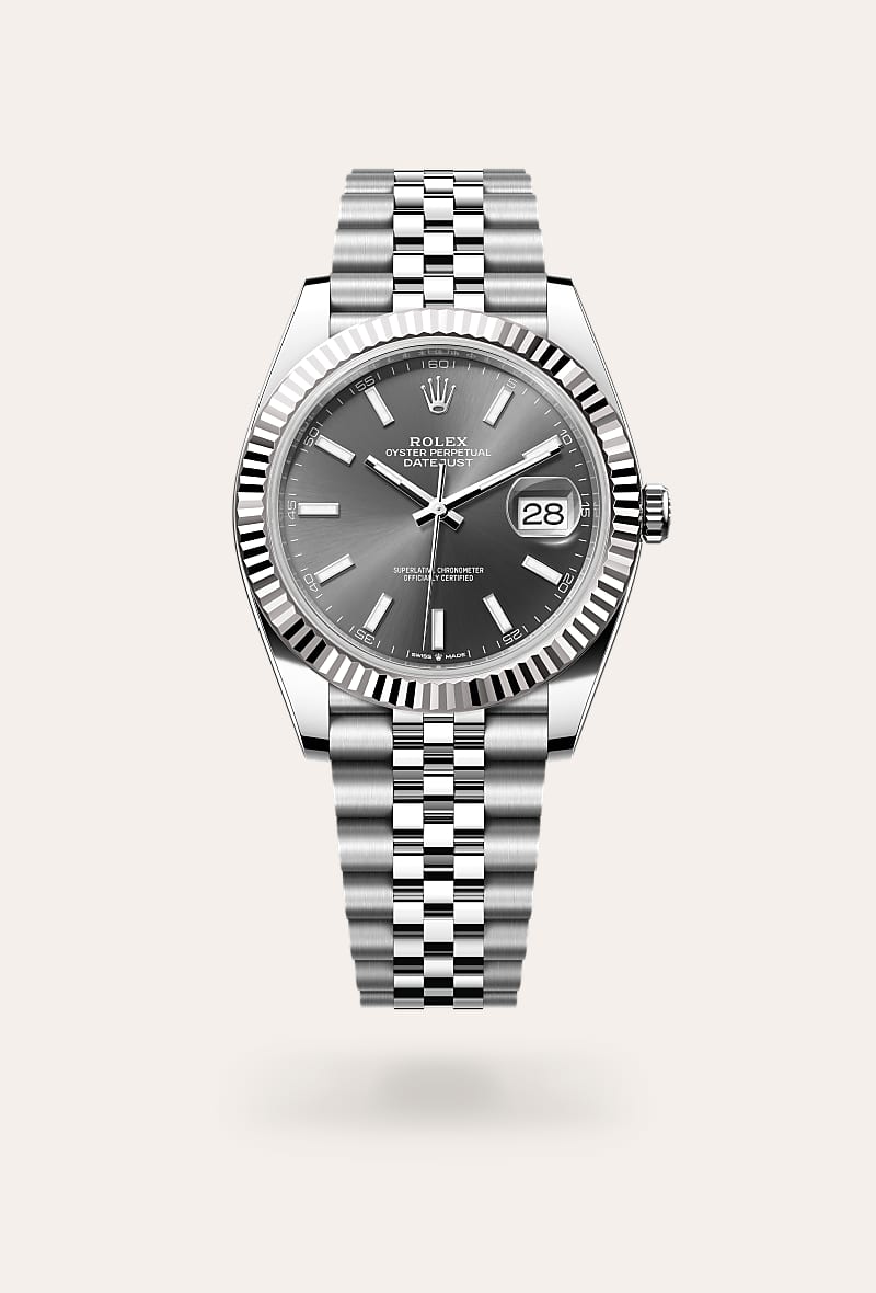 Rolex Datejust 41 in White Rolesor with a slate dial, fluted bezel, and Jubilee bracelet.