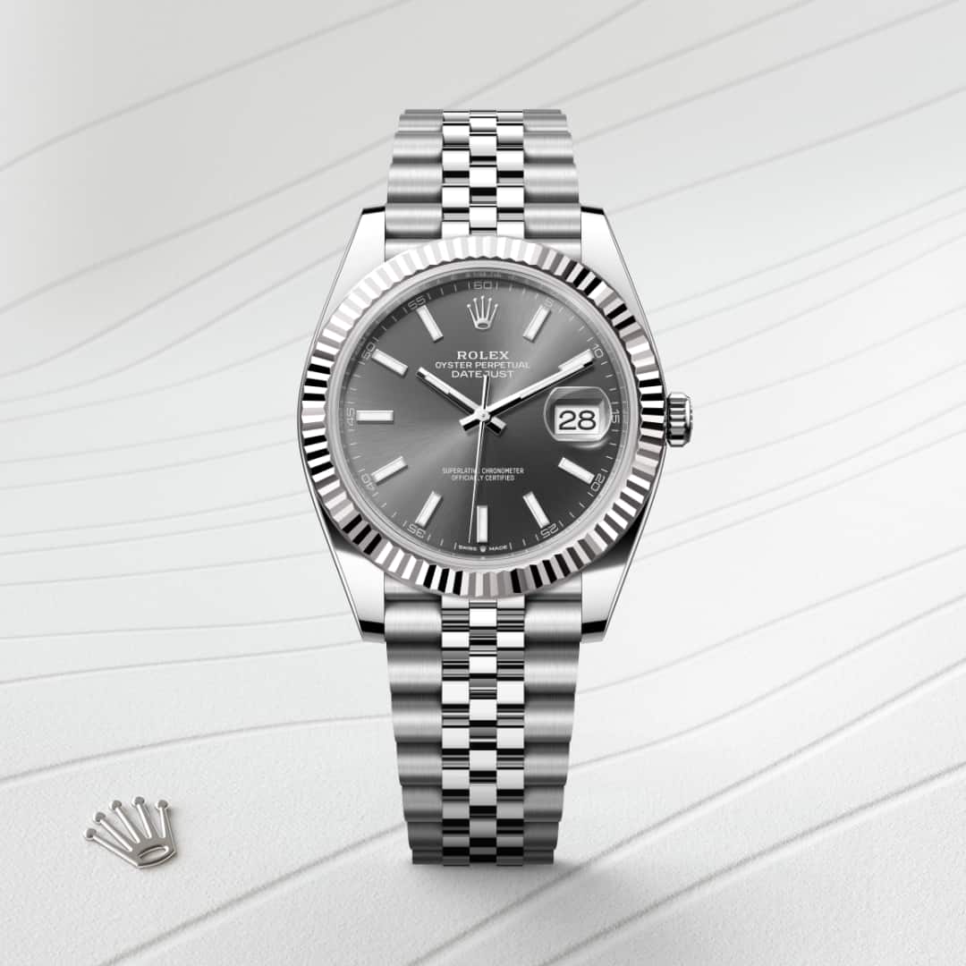 Rolex Datejust 41 in White Rolesor with a slate dial, fluted bezel, and Jubilee bracelet.