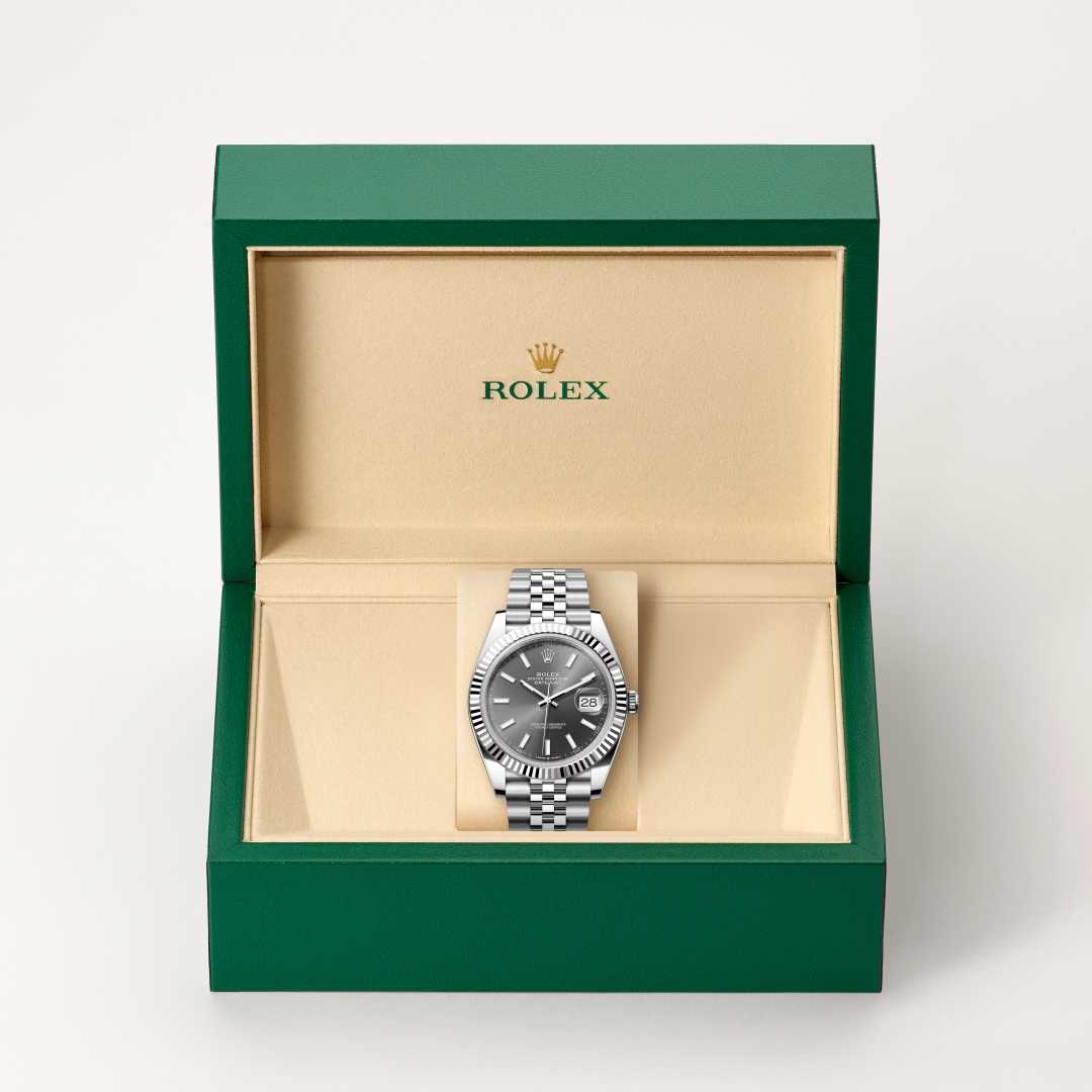 Rolex Datejust 41 in White Rolesor with a slate dial, fluted bezel, and Jubilee bracelet.