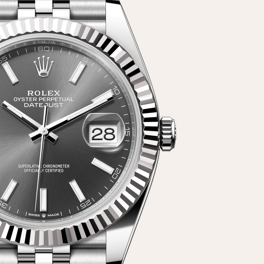 Rolex Datejust 41 in White Rolesor with a slate dial, fluted bezel, and Jubilee bracelet.