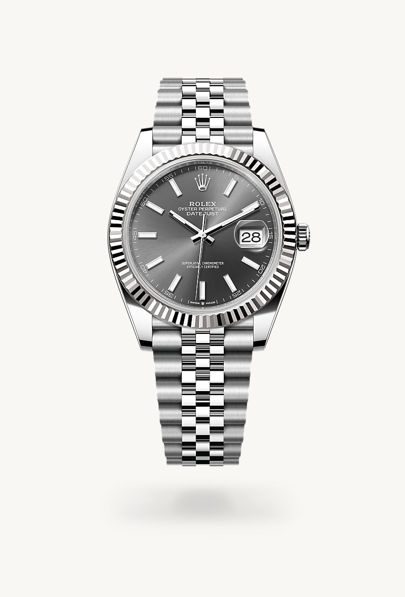 Rolex Datejust 41 in White Rolesor with a slate dial, fluted bezel, and Jubilee bracelet.