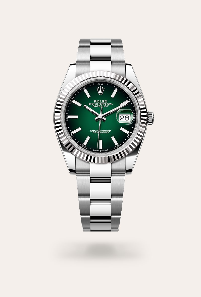 Rolex Datejust 41 in White Rolesor with a green ombr&eacute; dial, fluted bezel, and Oyster bracelet.