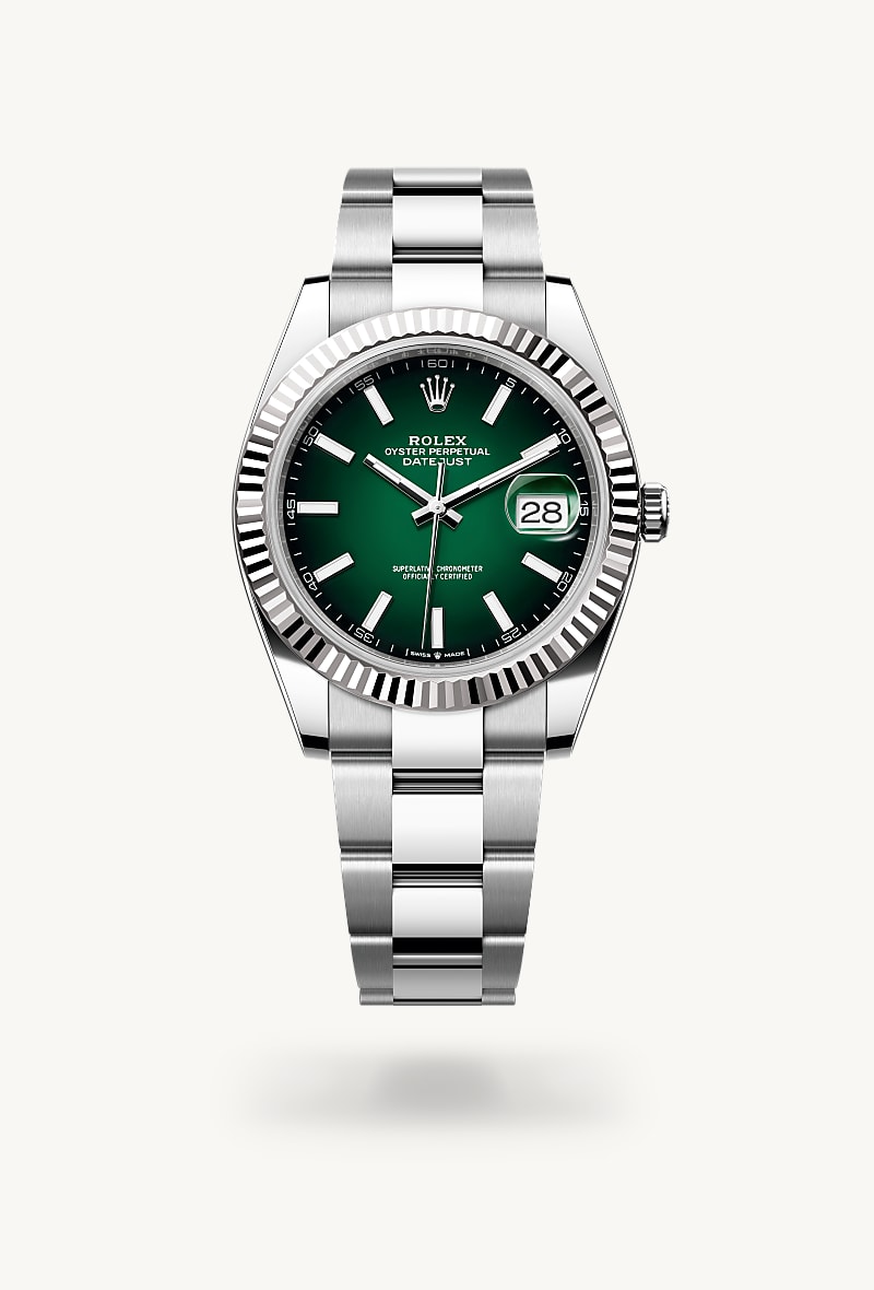 Rolex Datejust 41 in White Rolesor with a green ombré dial, fluted bezel, and Oyster bracelet.