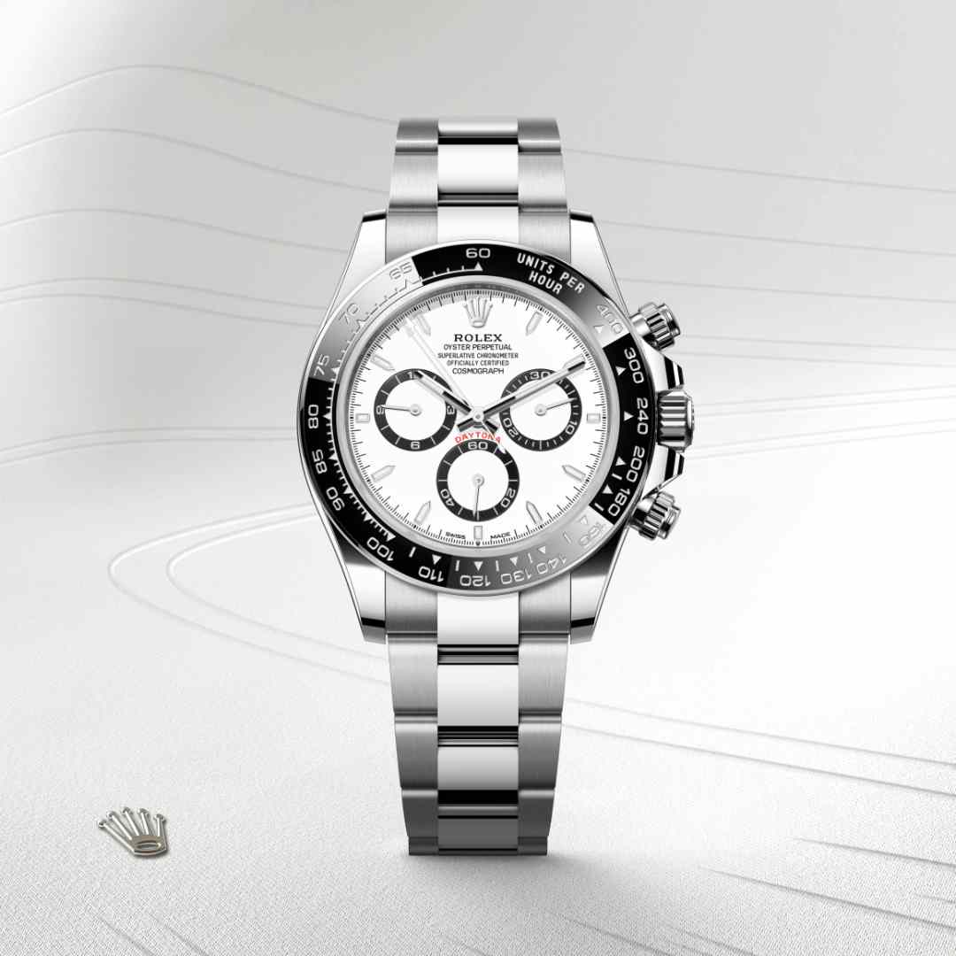 Rolex Cosmograph Daytona in Oystersteel with a white, black counter rings dial, black monobloc cerachrom bezel in ceramic with moulded tachymetric scale bezel, and Oyster bracelet.