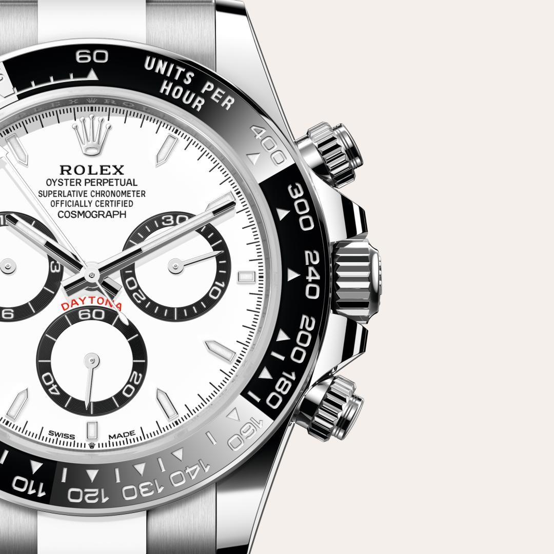 Rolex Cosmograph Daytona in Oystersteel with a white, black counter rings dial, black monobloc cerachrom bezel in ceramic with moulded tachymetric scale bezel, and Oyster bracelet.