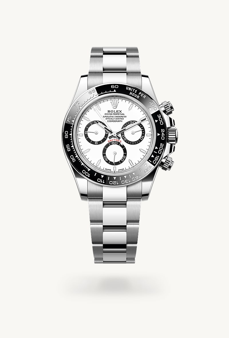 Rolex Cosmograph Daytona in Oystersteel with a white, black counter rings dial, black monobloc cerachrom bezel in ceramic with moulded tachymetric scale bezel, and Oyster bracelet.