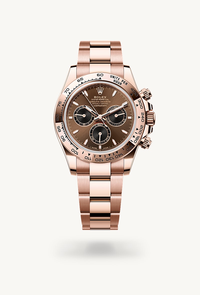 Rolex Cosmograph Daytona in 18 ct Everose gold with a bright chocolate and black dial, fixed, with engraved tachymetric scale, in 18 ct everose gold bezel, and Oyster bracelet.