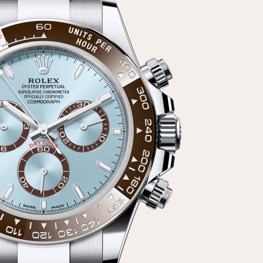 Rolex Cosmograph Daytona in Platinum with a ice blue, chestnut brown counter rings dial, chestnut brown monobloc cerachrom bezel in ceramic with moulded numerals and graduations bezel, and Oyster bracelet.