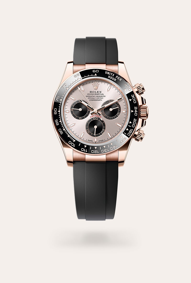Rolex Cosmograph Daytona in 18 kt Everose gold with a sundust and bright black dial, black monobloc cerachrom bezel in ceramic with moulded tachymetric scale bezel, and Oysterflex bracelet.