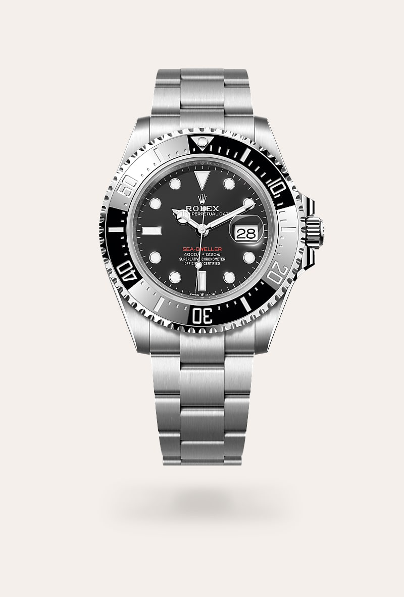 Rolex Sea-Dweller in Oystersteel with a intense black dial, unidirectional rotatable 60-minute graduated, scratch-resistant cerachrom insert in black ceramic, numerals and graduations coated in platinum bezel, and Oyster bracelet.