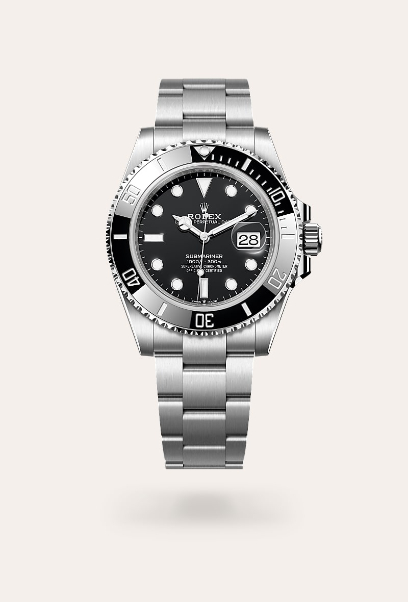 Rolex Submariner Date in Oystersteel with a black dial, unidirectional rotatable 60-minute graduated, scratch-resistant cerachrom insert in black ceramic, numerals and graduations coated in platinum bezel, and Oyster bracelet.