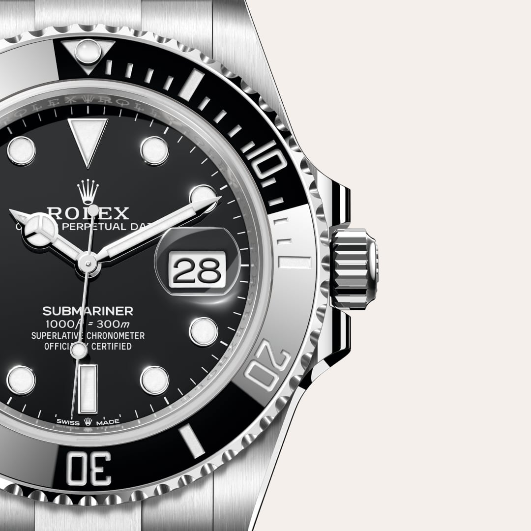 Rolex Submariner Date in Oystersteel with a black dial, unidirectional rotatable 60-minute graduated, scratch-resistant cerachrom insert in black ceramic, numerals and graduations coated in platinum bezel, and Oyster bracelet.