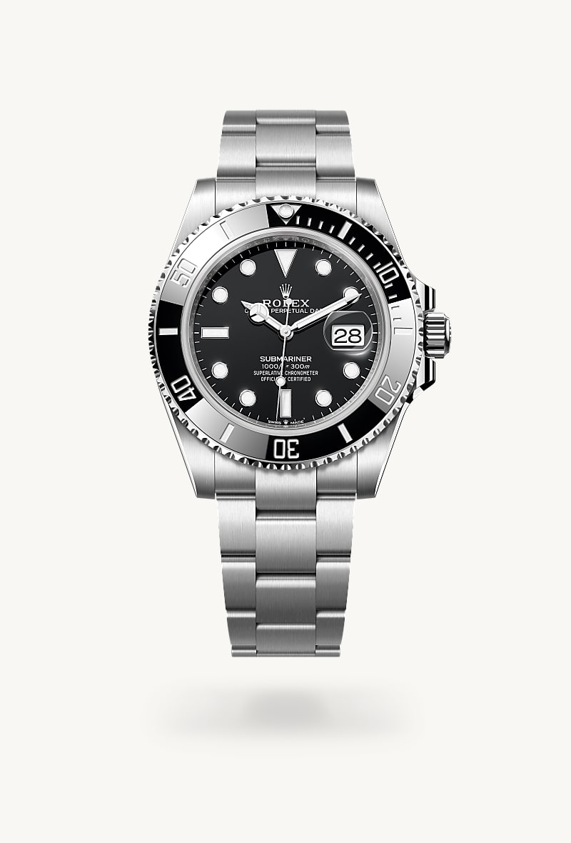 Rolex Submariner Date in Oystersteel with a black dial, unidirectional rotatable 60-minute graduated, scratch-resistant cerachrom insert in black ceramic, numerals and graduations coated in platinum bezel, and Oyster bracelet.
