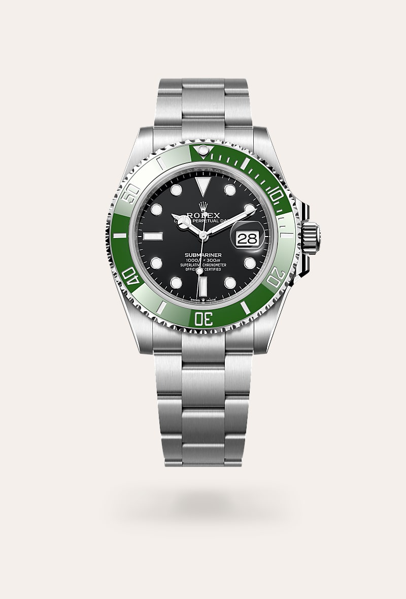 Rolex Submariner Date in Oystersteel with a black dial, unidirectional rotatable 60-minute graduated, scratch-resistant cerachrom insert in green ceramic, numerals and graduations coated in platinum bezel, and Oyster bracelet.